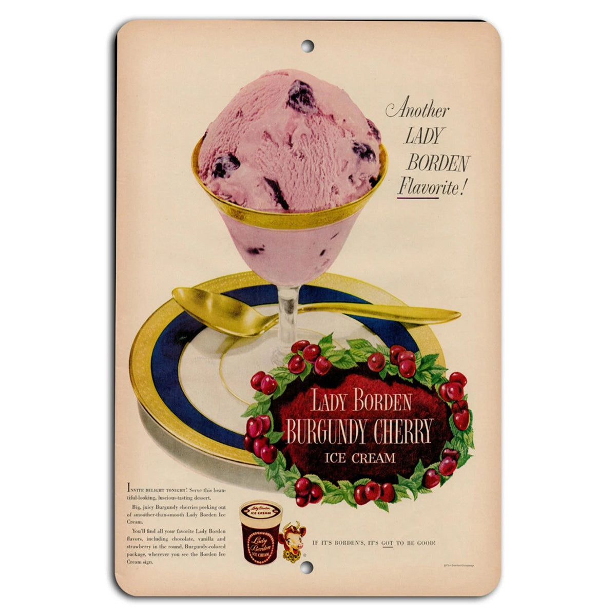 Lady Borden Vintage Burgundy Cherry Kitchen Aluminum Sign — product artwork