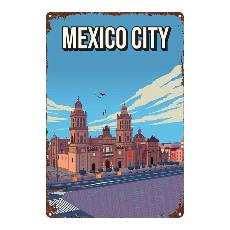Vintage Mexico City Architectural Landscape Aluminum Sign — product artwork
