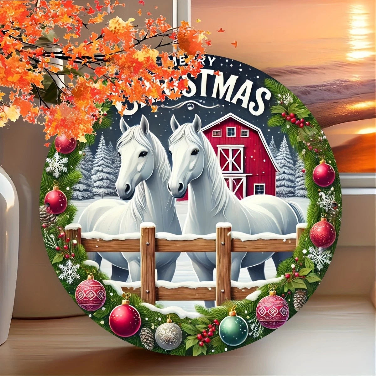Vintage Merry Christmas Cute Animals Round Aluminum Sign — product artwork