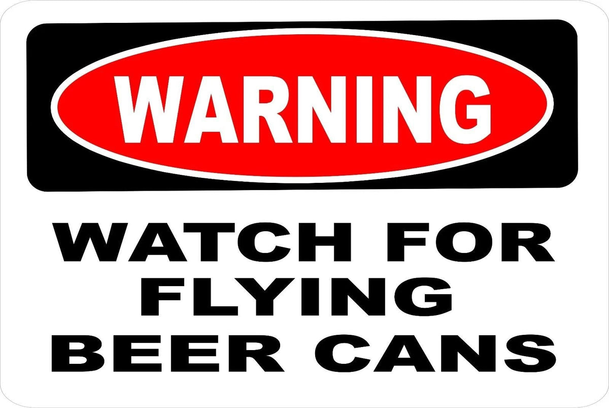 Novelty Sticker Tiger Warning Watch for Flying Beer Cans Aluminum Sign — product artwork