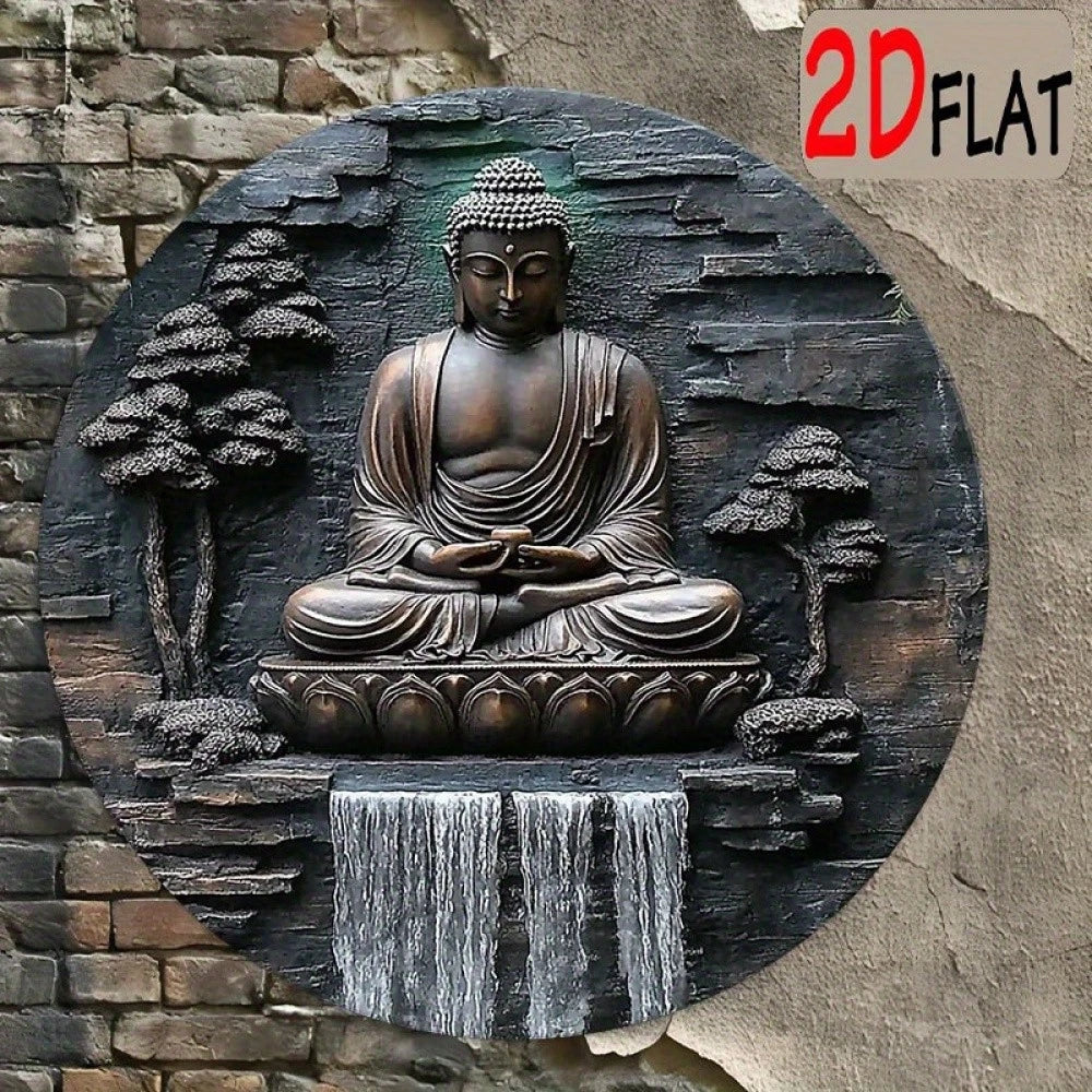 Vintage Buddha Statue Funny Waterfall Round Aluminum Sign — product artwork
