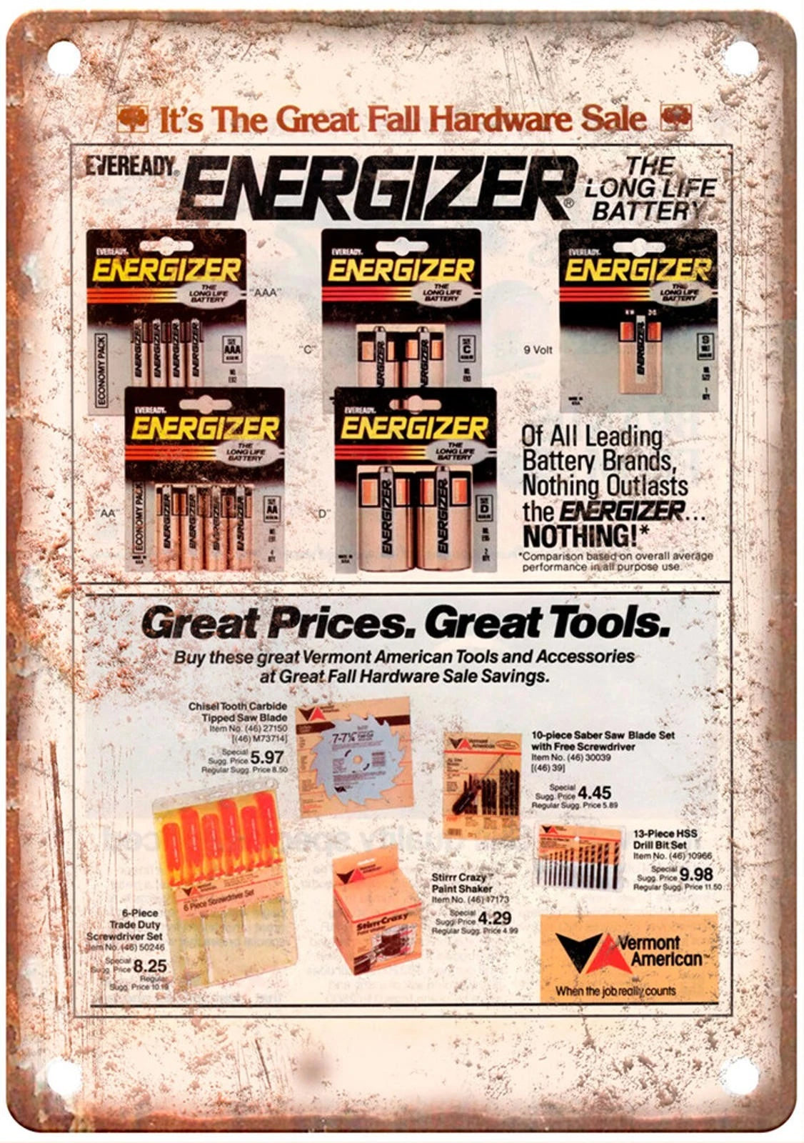 Energizer Great Fall Hardware Sale Aluminum Sign — product artwork