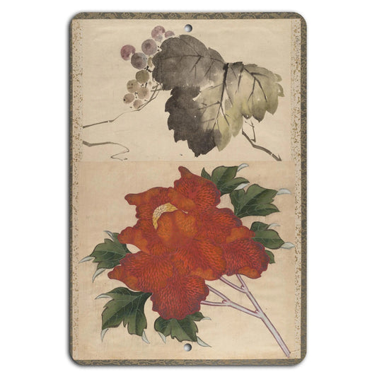 Vintage Botanical Grapes Red Blossoms Aluminum Sign — product artwork