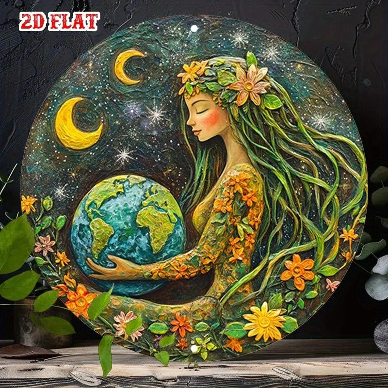Earth Goddess Wall Art Retro Funny Round Aluminum Sign — product artwork