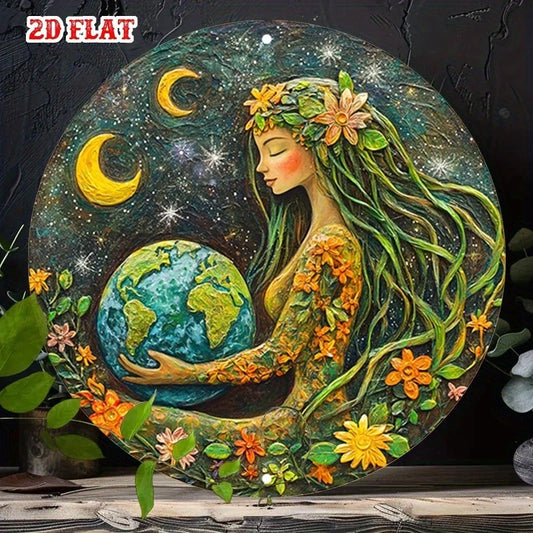 Earth Goddess Wall Art Retro Funny Round Aluminum Sign — product artwork