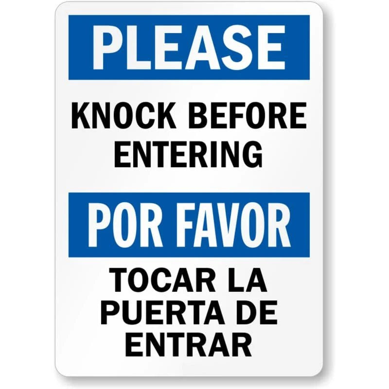 Bilingual Knock Before Entering Aluminum Sign — product artwork
