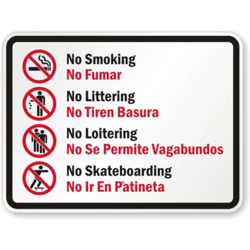 No Smoking Littering Loitering or Skateboarding Bilingual Sign — product artwork