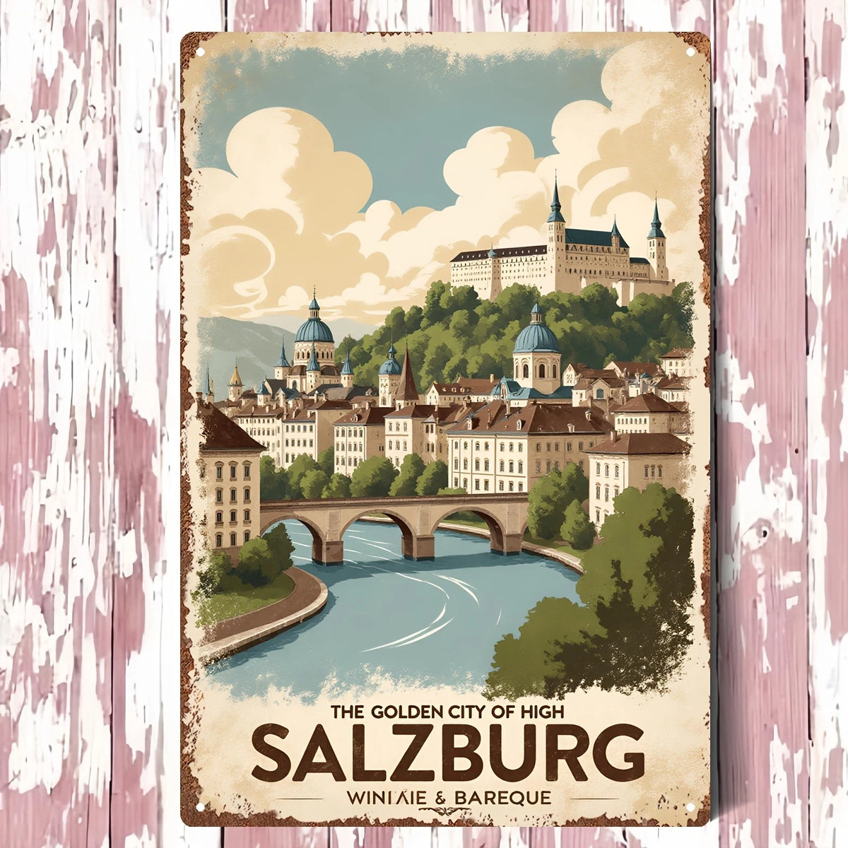 Vintage Iron Funny Golden City High Salzburg Aluminum Sign — product artwork
