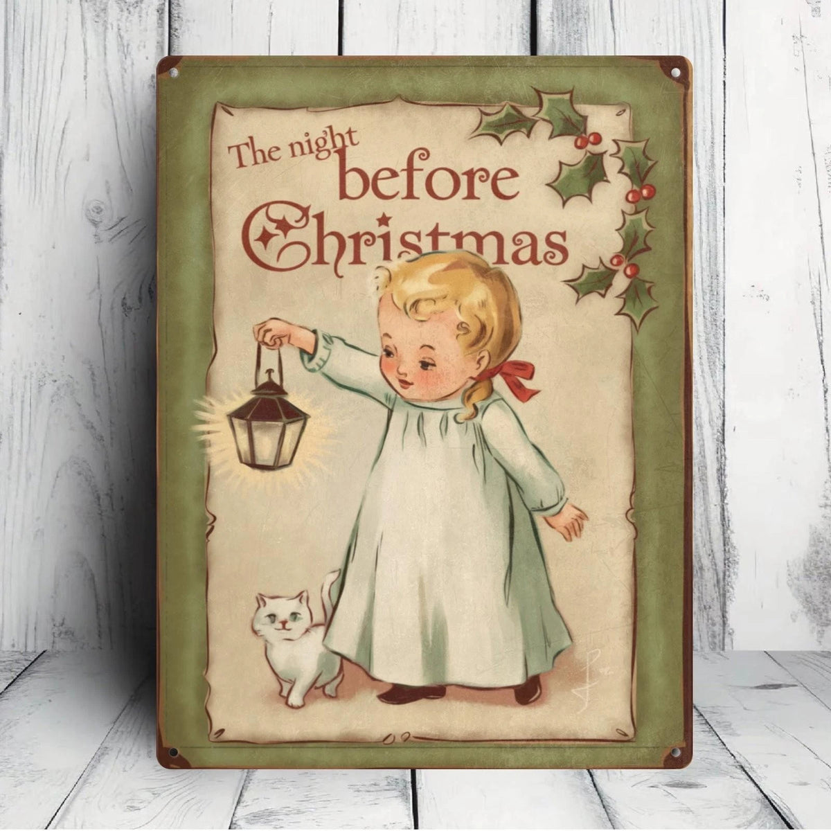 The Night Before Christmas Child and Kitten Aluminum Sign — product artwork