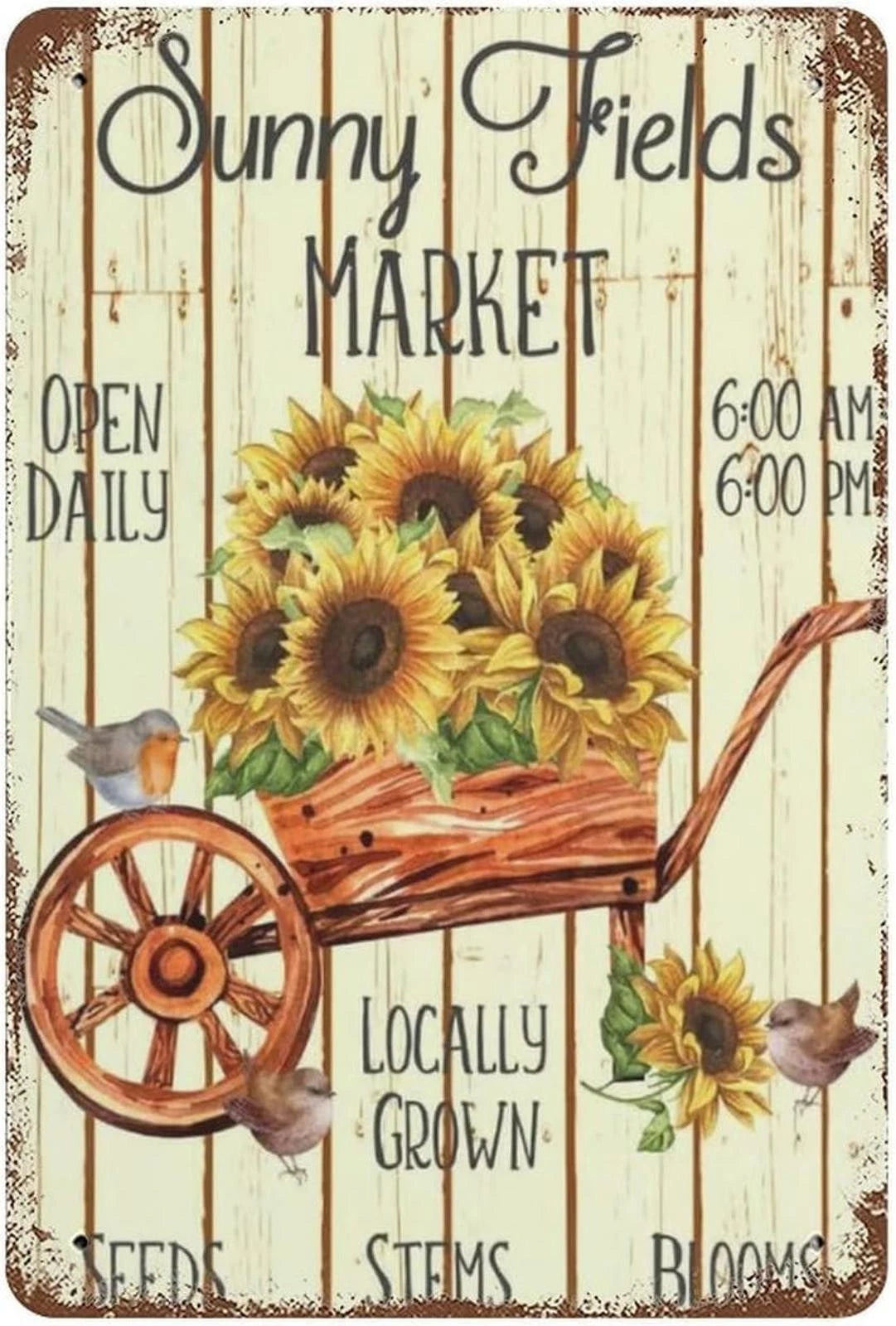 Sunflower Funny Retro Birds Spring Aluminum Sign — product artwork
