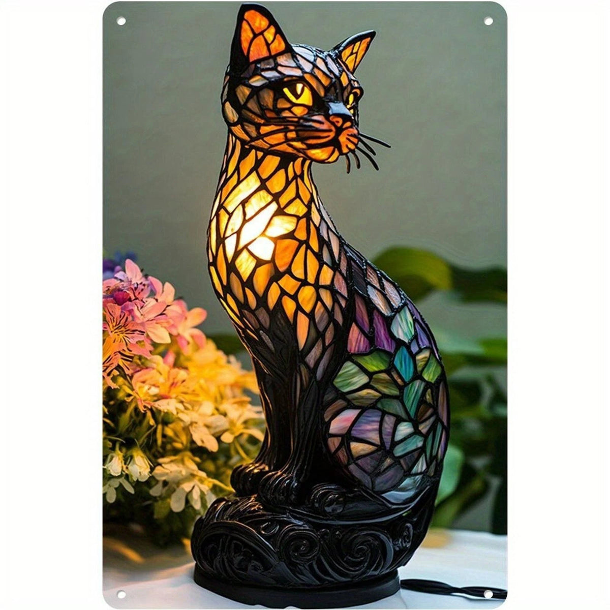 Stained Glass Cat Statue Artwork Aluminum Sign — product artwork