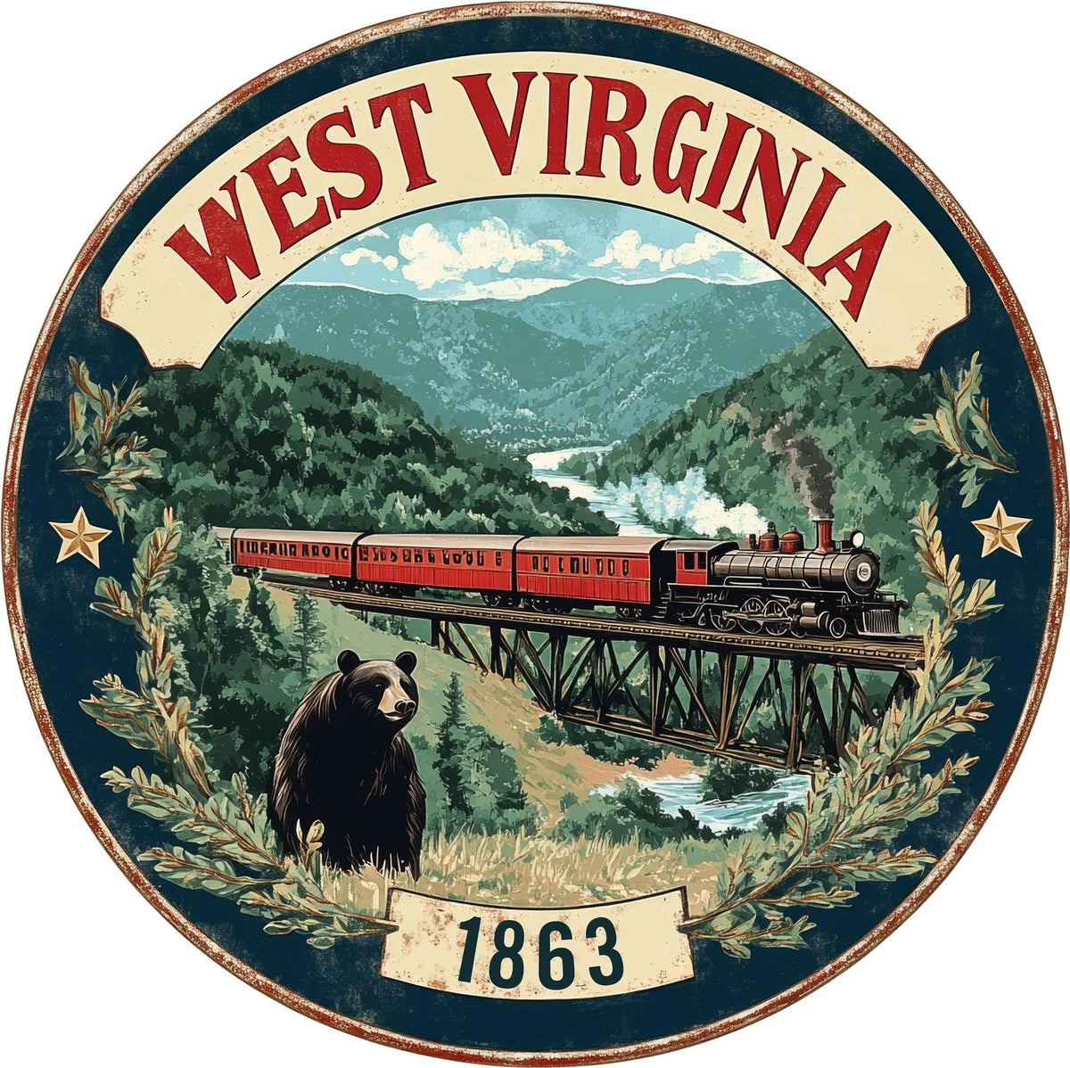 West Virginia Vintage Scenic Round Aluminum Sign — product artwork