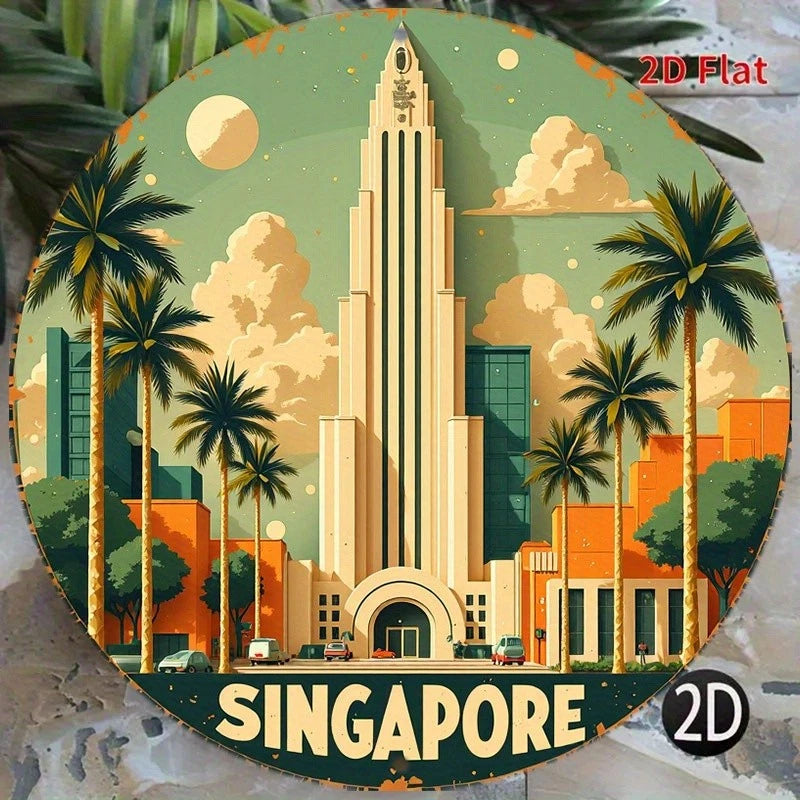 Singapore City Skyline Palm Funny Round Aluminum Sign — product artwork
