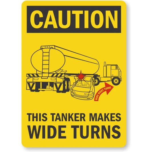 Caution Tanker Makes Wide Turns Portrait Aluminum Sign — product artwork