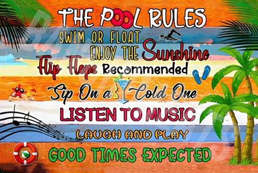 Pool Rules Swim Float Sunshine Cold Drinks Funny Aluminum Sign — product artwork