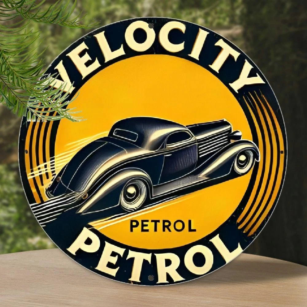 Gasoline Americana Vintage Speed Gasoline Funny Round Aluminum Sign — product artwork