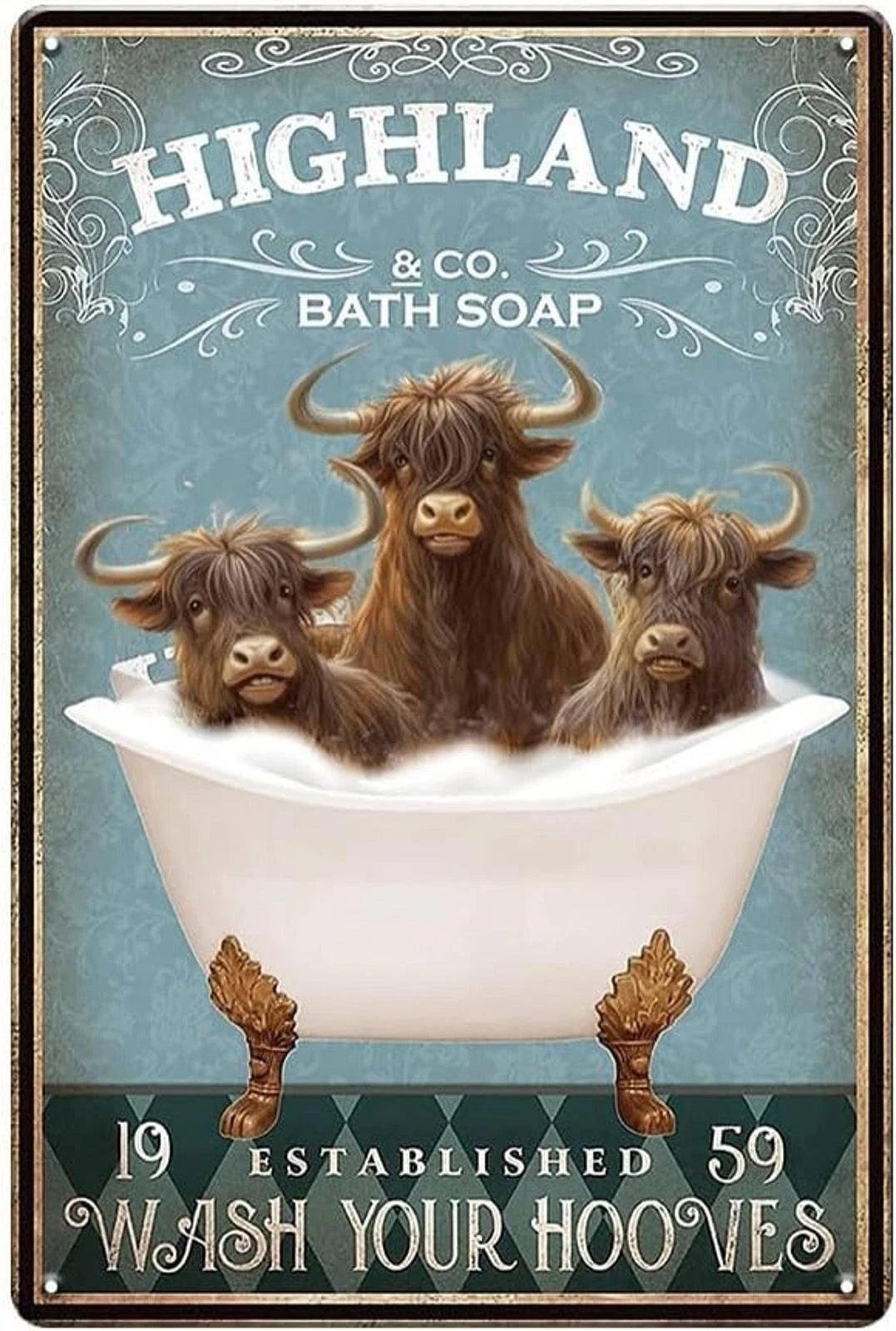 Highland Cow Funny Bathroom Wall Art Aluminum Sign — product artwork
