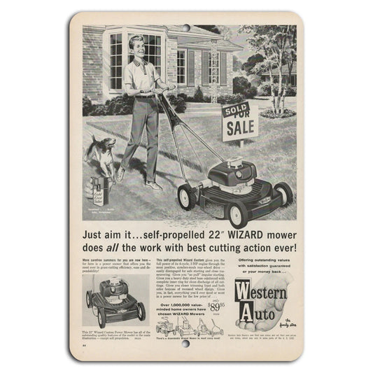 Vintage Wizard Mower Retro Lawn Care Aluminum Sign — product artwork