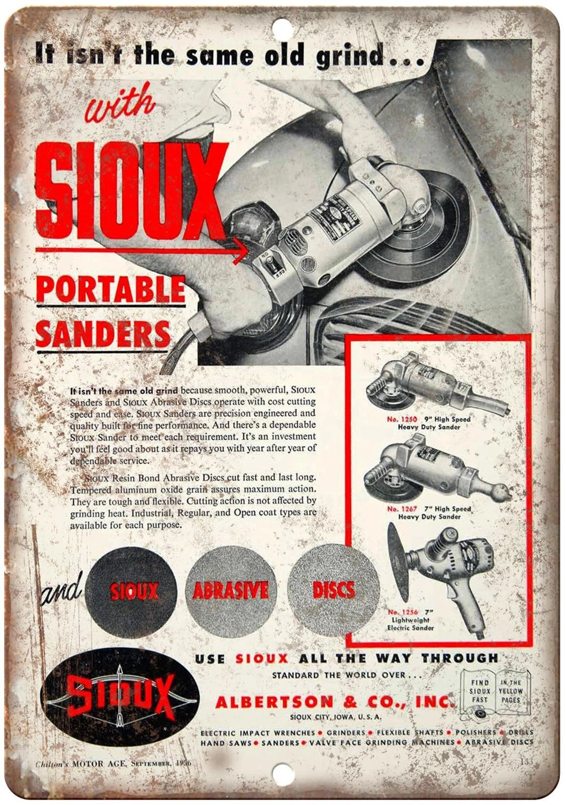 Vintage Sioux Portable Sander Reproduction Aluminum Sign — product artwork