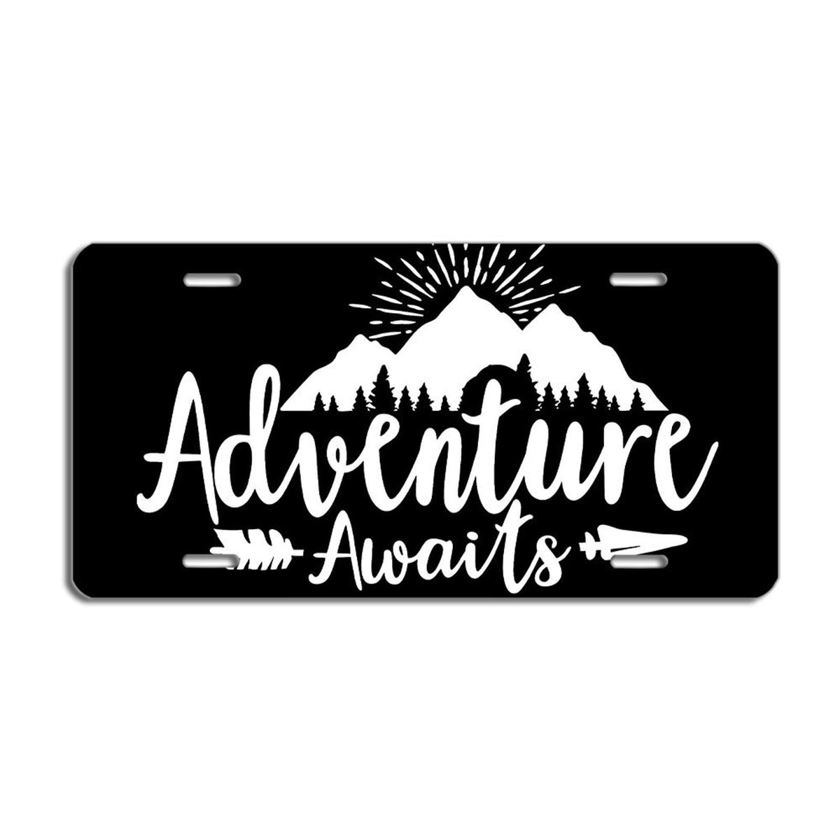 Adventure Awaits - Black and White Decorative Aluminum Plate — product artwork