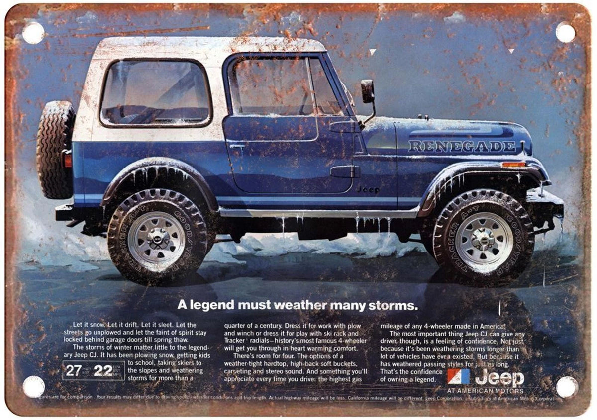 Jeep CJ-7 Vintage Auto Ad Reproduction Aluminum Sign — product artwork
