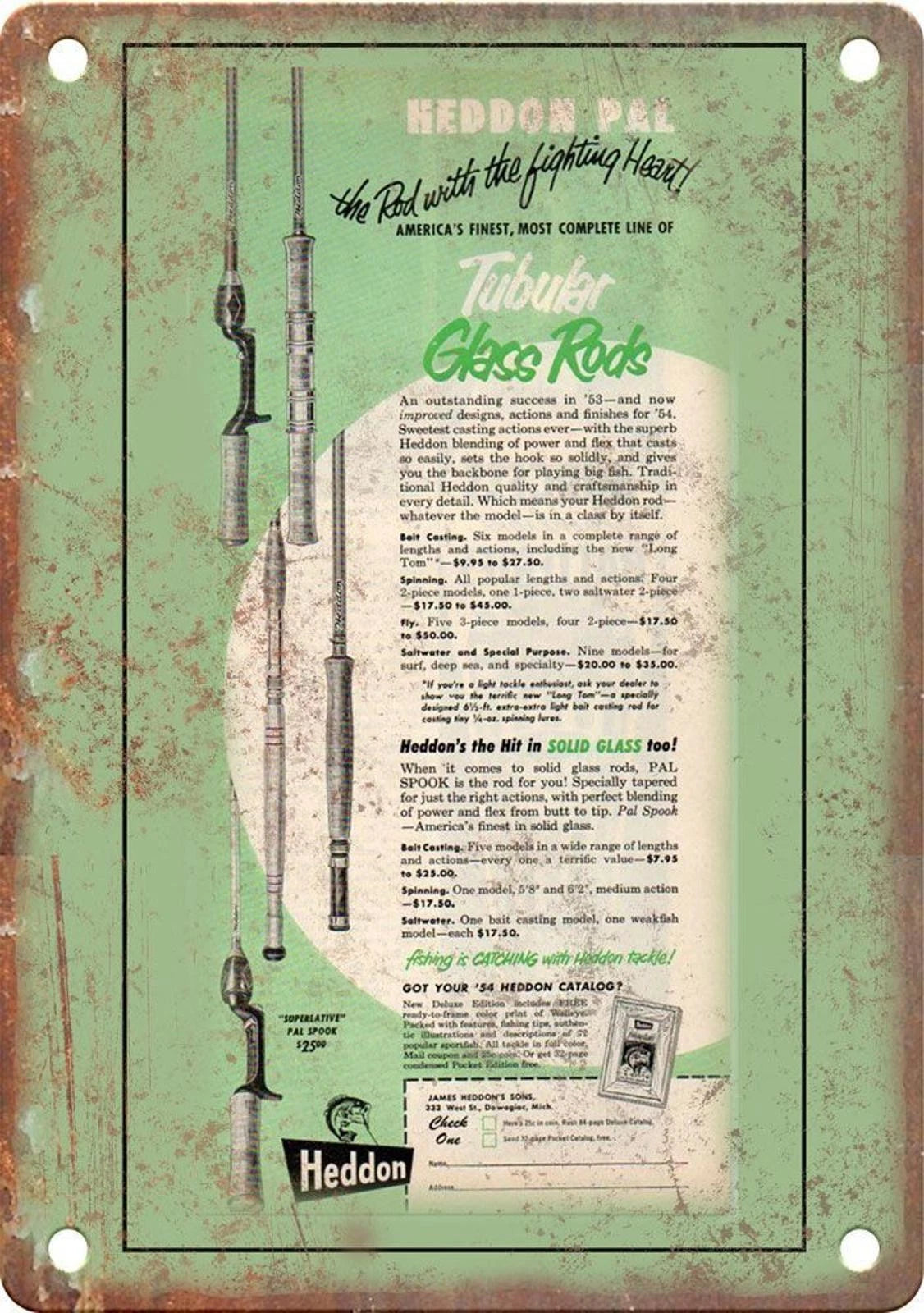 Heddon Pal Tubular Glass Fishing Rods Vintage Advertisement Aluminum Sign — product artwork