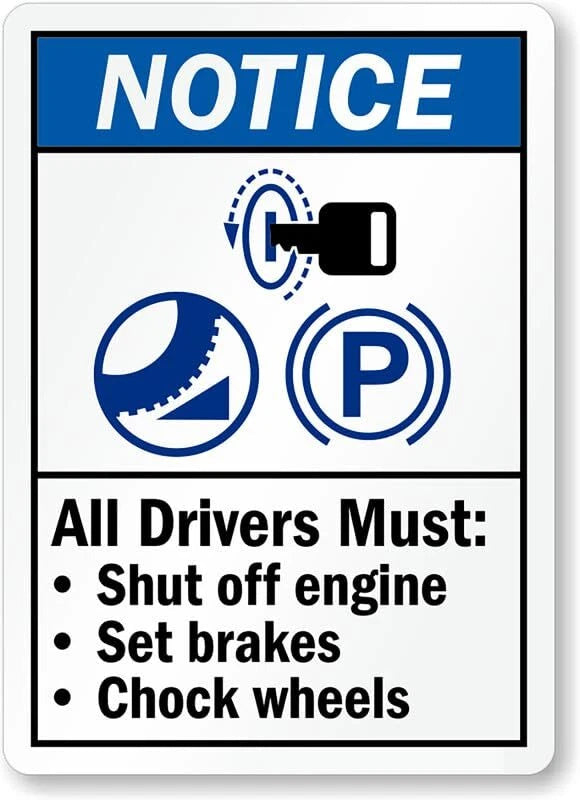 Notice Drivers Shut Off Engine Set Brakes Chock Wheels Aluminum Sign — product artwork
