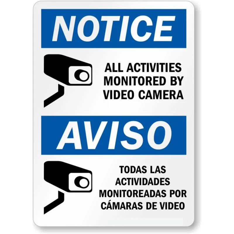 Notice Activities Monitored by Video Camera Bilingual Sign — product artwork