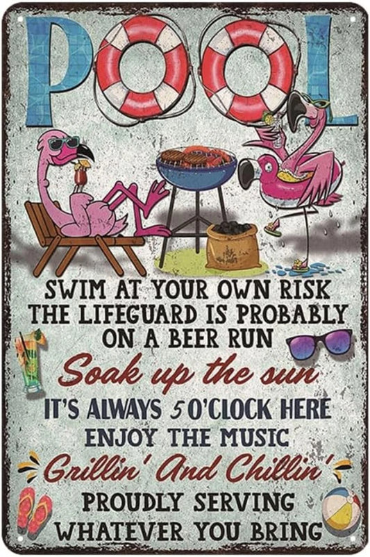 Pool Rules Lifeguard on Beer Run Funny Aluminum Sign — product artwork