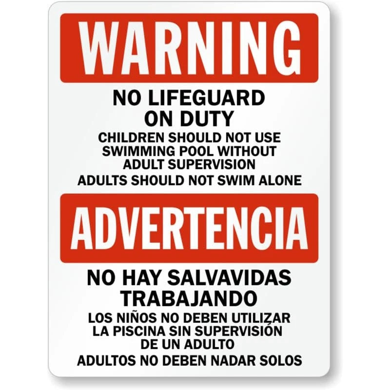 No Lifeguard Bilingual Pool Warning Aluminum Sign — product artwork