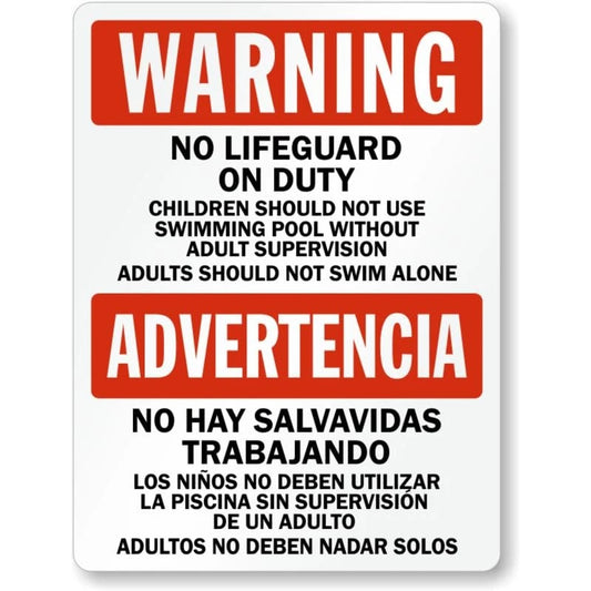 No Lifeguard Bilingual Pool Warning Aluminum Sign — product artwork