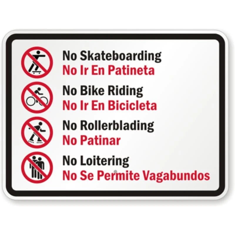No Rollerblading Bilingual Aluminum Sign — product artwork