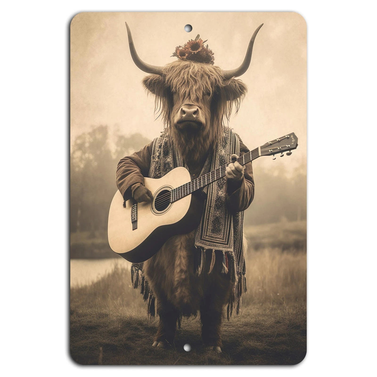 Guitar-playing Cow Rustic Aluminum Sign — product artwork