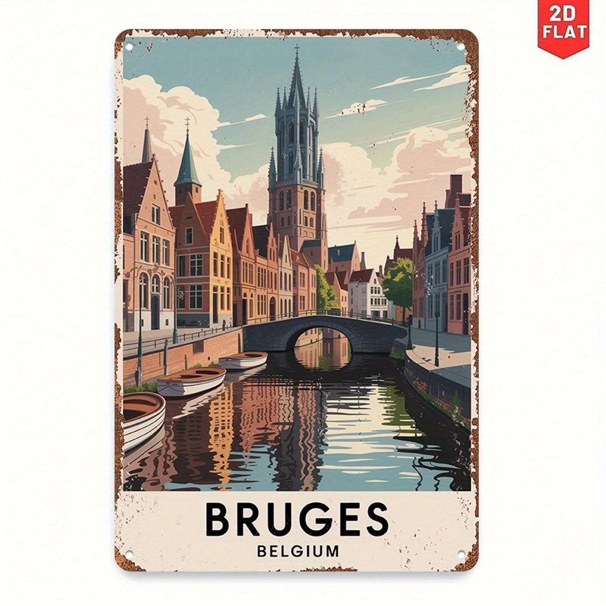 Retro Bruges Belgium Canal Town Funny Aluminum Sign — product artwork