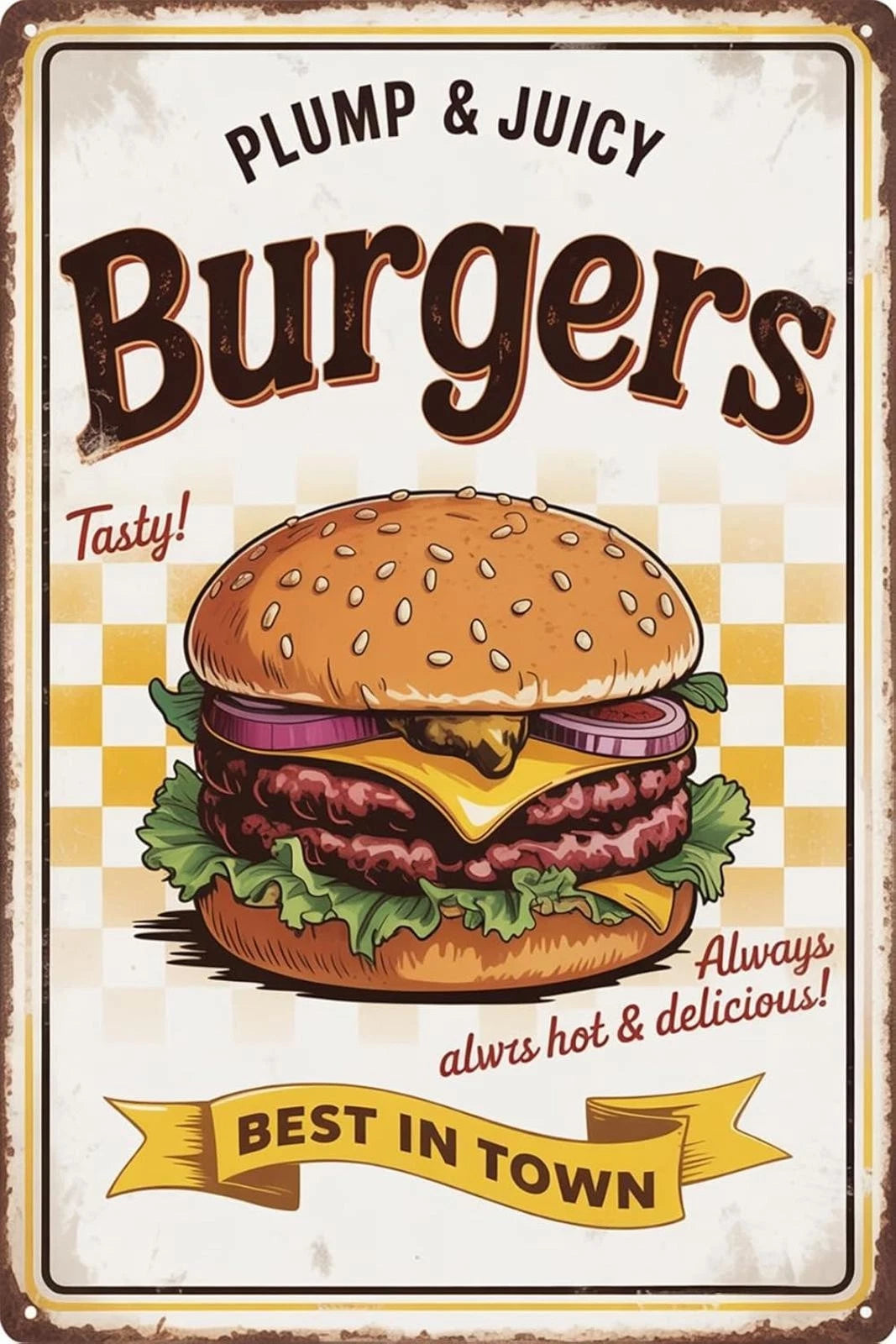 Vintage Burger Funny Retro Kitchen Aluminum Sign — product artwork