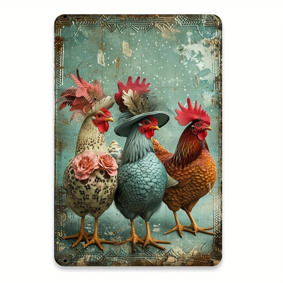 Dressed-Up Chickens Funny Farmhouse Aluminum Sign — product artwork