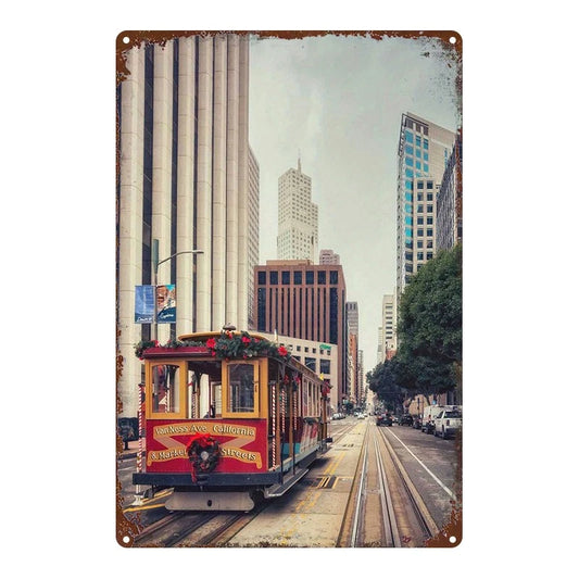 Vintage City Street Scene San Francisco Cable Car Aluminum Sign — product artwork