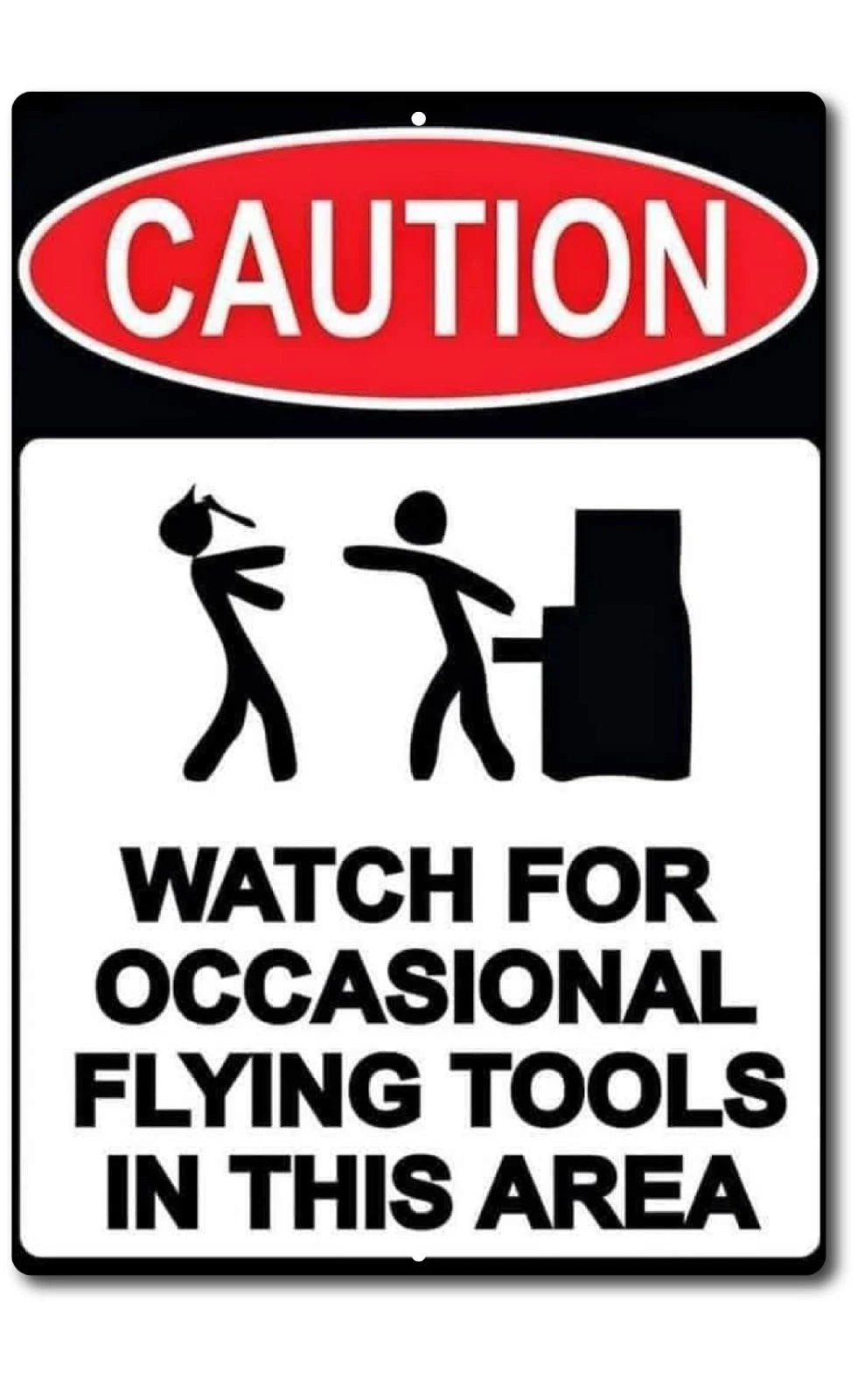 Funny Caution Flying Tools Garage High Gloss Aluminum Sign — product artwork