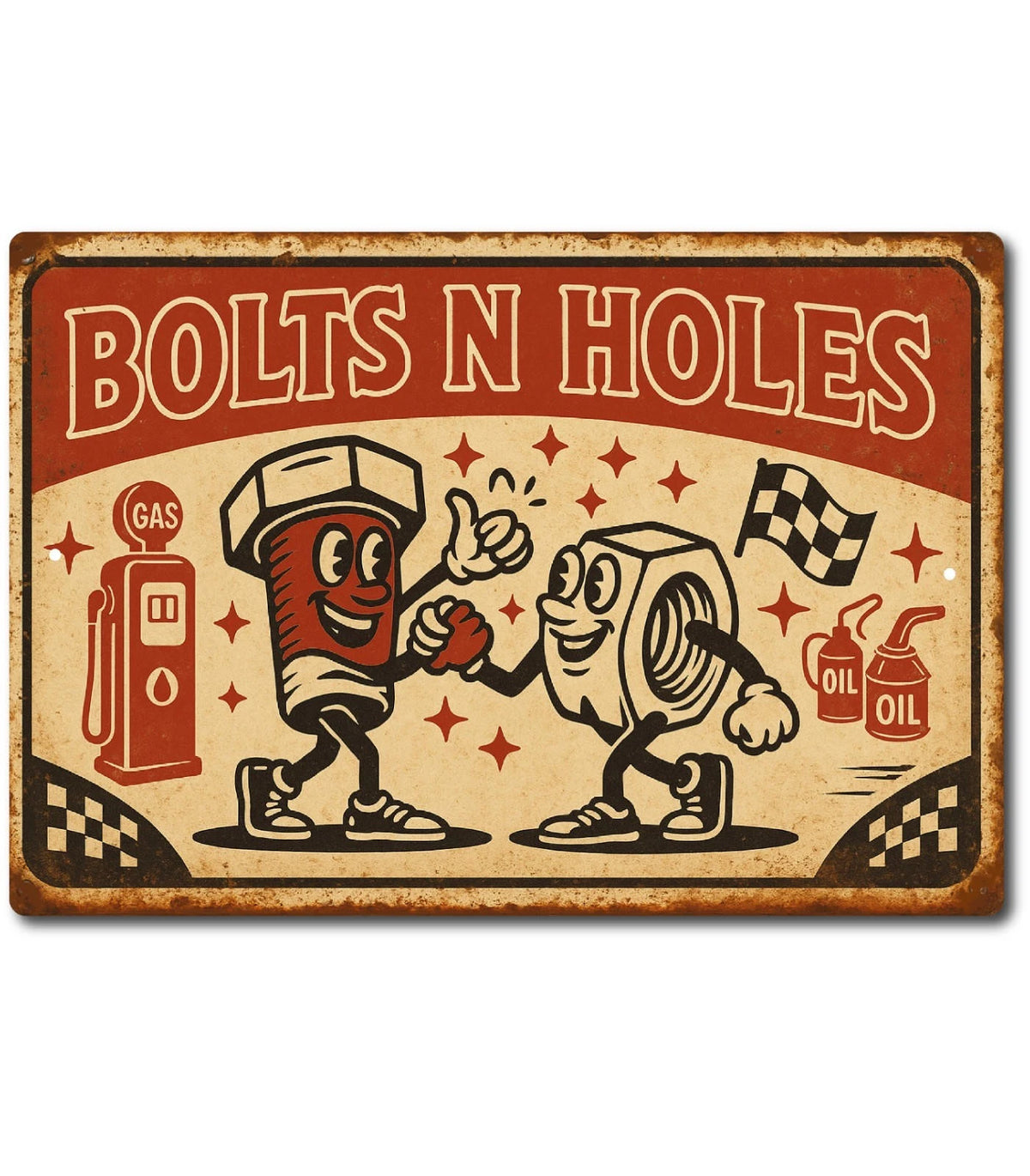 Bolts N Holes Funny Garage Tin Retro Racing Shop Aluminum Sign — product artwork