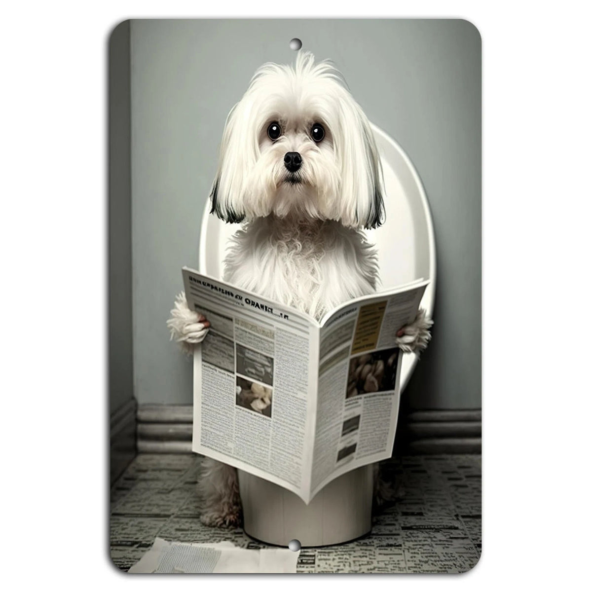 Doggy Reading Bathroom Vertical Humor Aluminum Sign — product artwork