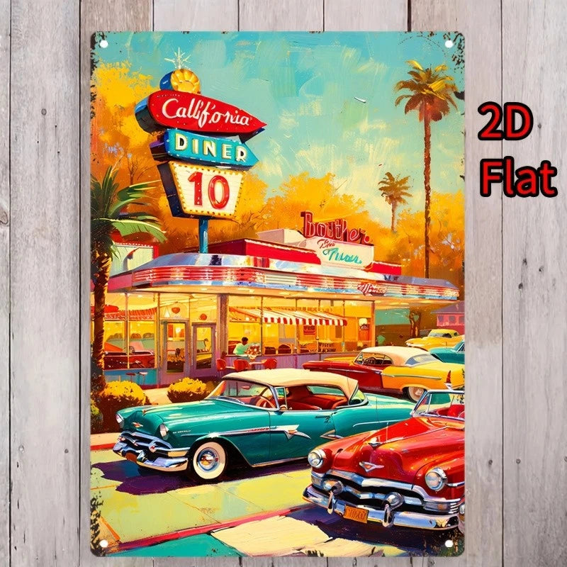 1950s California Diner and Classic Cars Aluminum Sign — product artwork