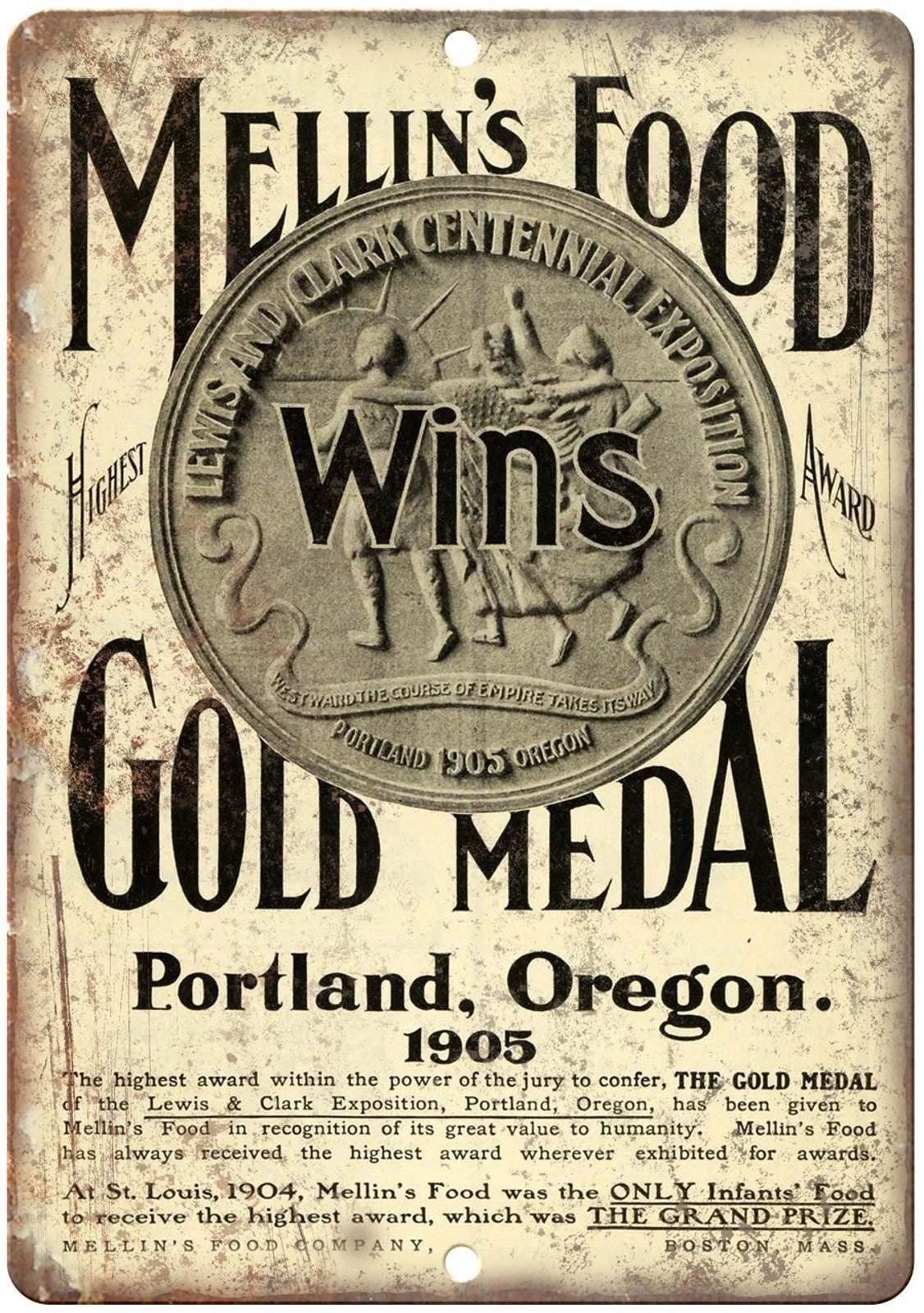 Vintage 1905 Mellins Food Gold Medal Funny Aluminum Sign — product artwork