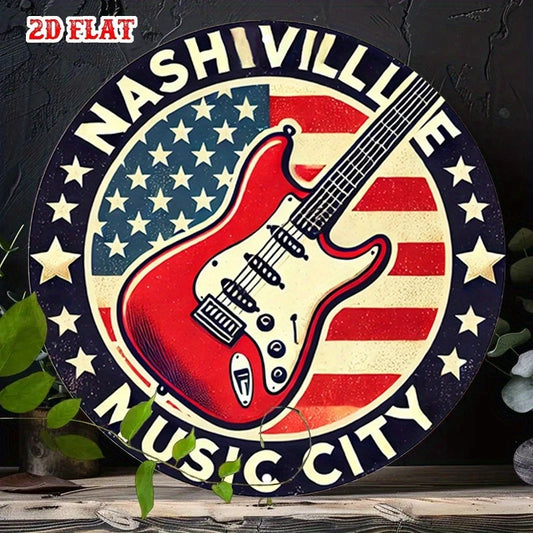 Nashville Guitar Funny Stars Stripes USA Round Aluminum Sign — product artwork