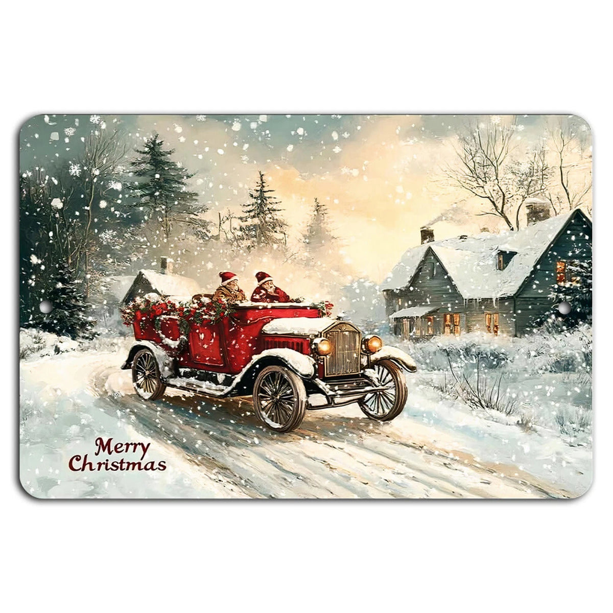 Vintage Christmas Santa Car Retro Holiday Aluminum Sign — product artwork