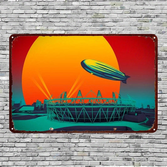 Retro Tin Vintage Zeppelin Over Sunset Cityscape Aluminum Sign — product artwork