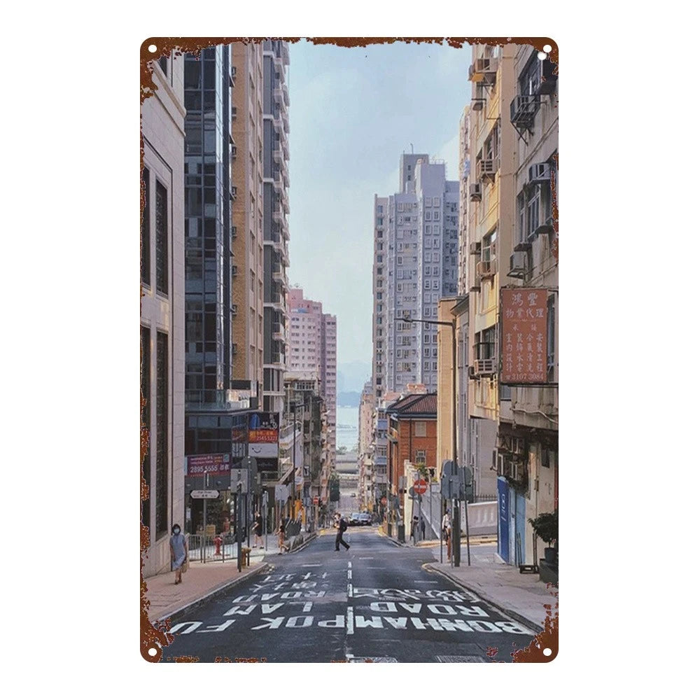 Vintage Street Hong Skyline Iron City Chinese Aluminum Sign — product artwork