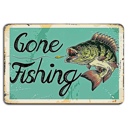 Gone Fishing Bass Vintage Aluminum Sign — product artwork