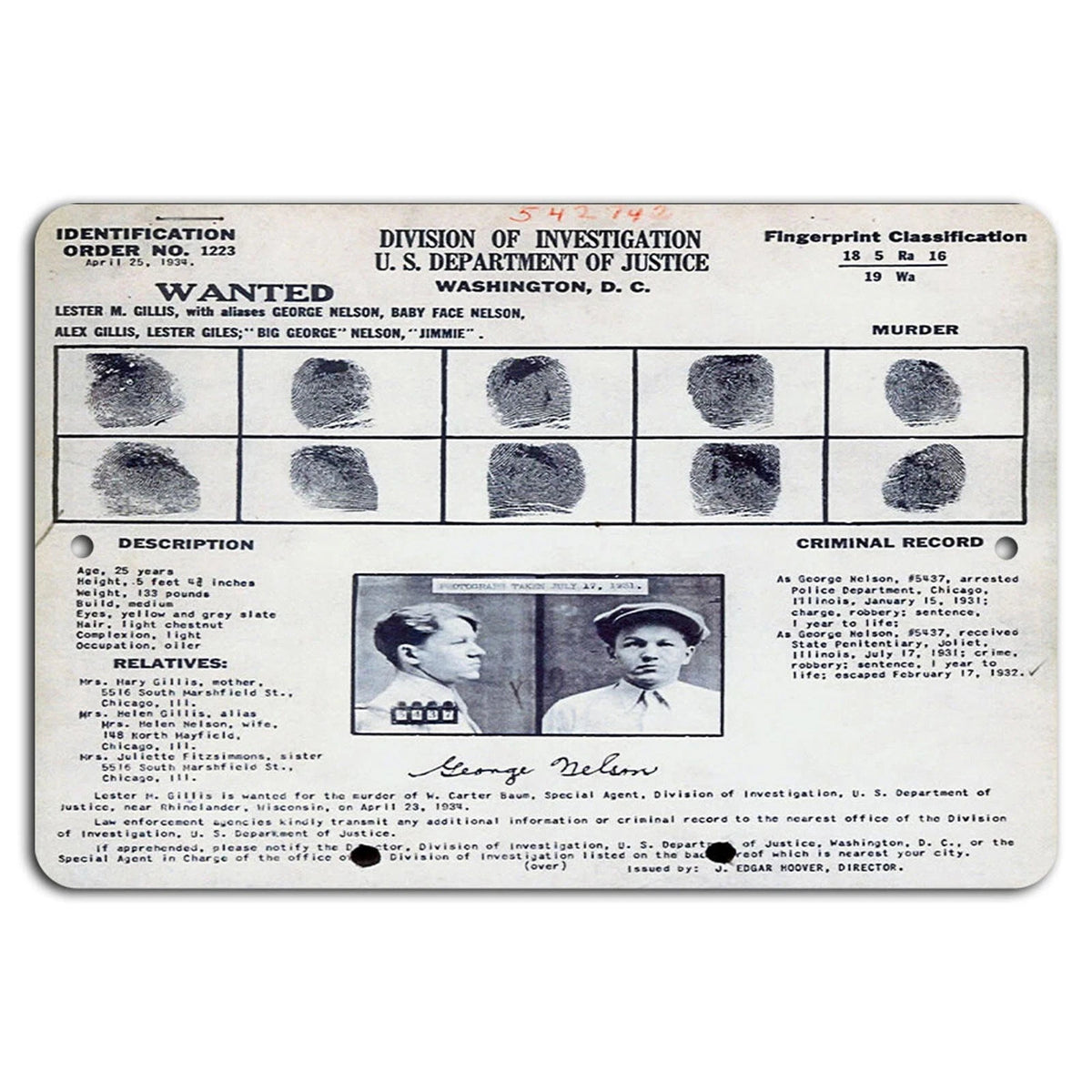 Baby Face Nelson Vintage True Crime Aluminum Sign — product artwork
