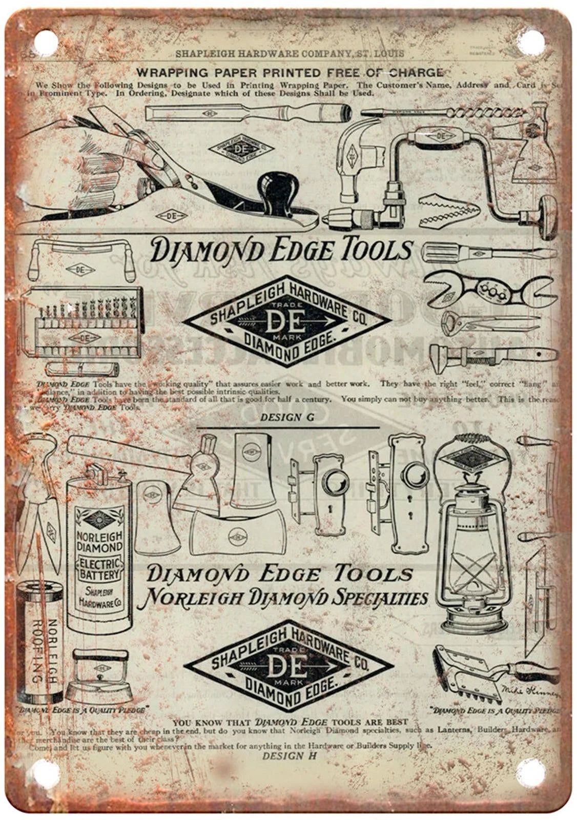 Vintage Diamond Edge Shapleigh Tools Aluminum Sign — product artwork