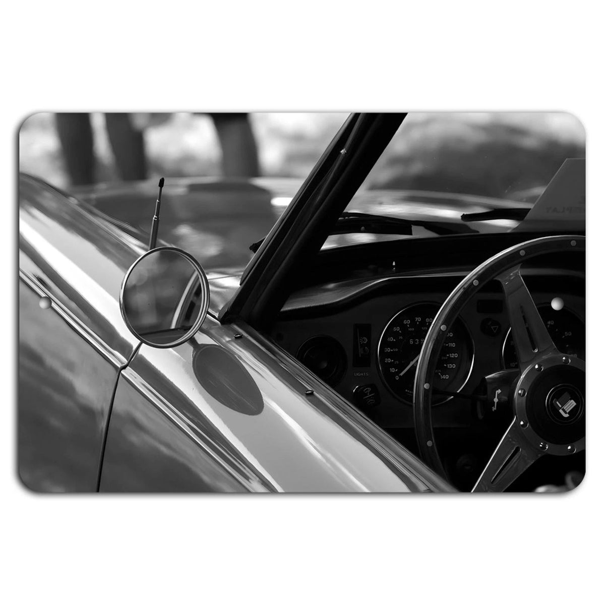 Classic Car Side Mirror and Steering Wheel Aluminum Sign — product artwork